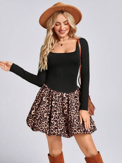 SHEIN LUNE 方领修身 A 字型泡泡袖拼接复古豹纹休闲通勤优雅短款连衣裙，女士秋冬