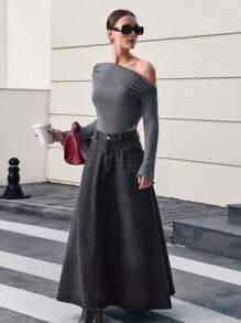 EURMUSE 100% Cotton High Waist Long Denim Skirt - Black - View 6