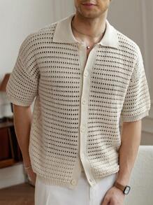 Manfinity Homme Men's Solid Color Front Button Short Sleeve Hollow Knitwear, Casual And Minimalist