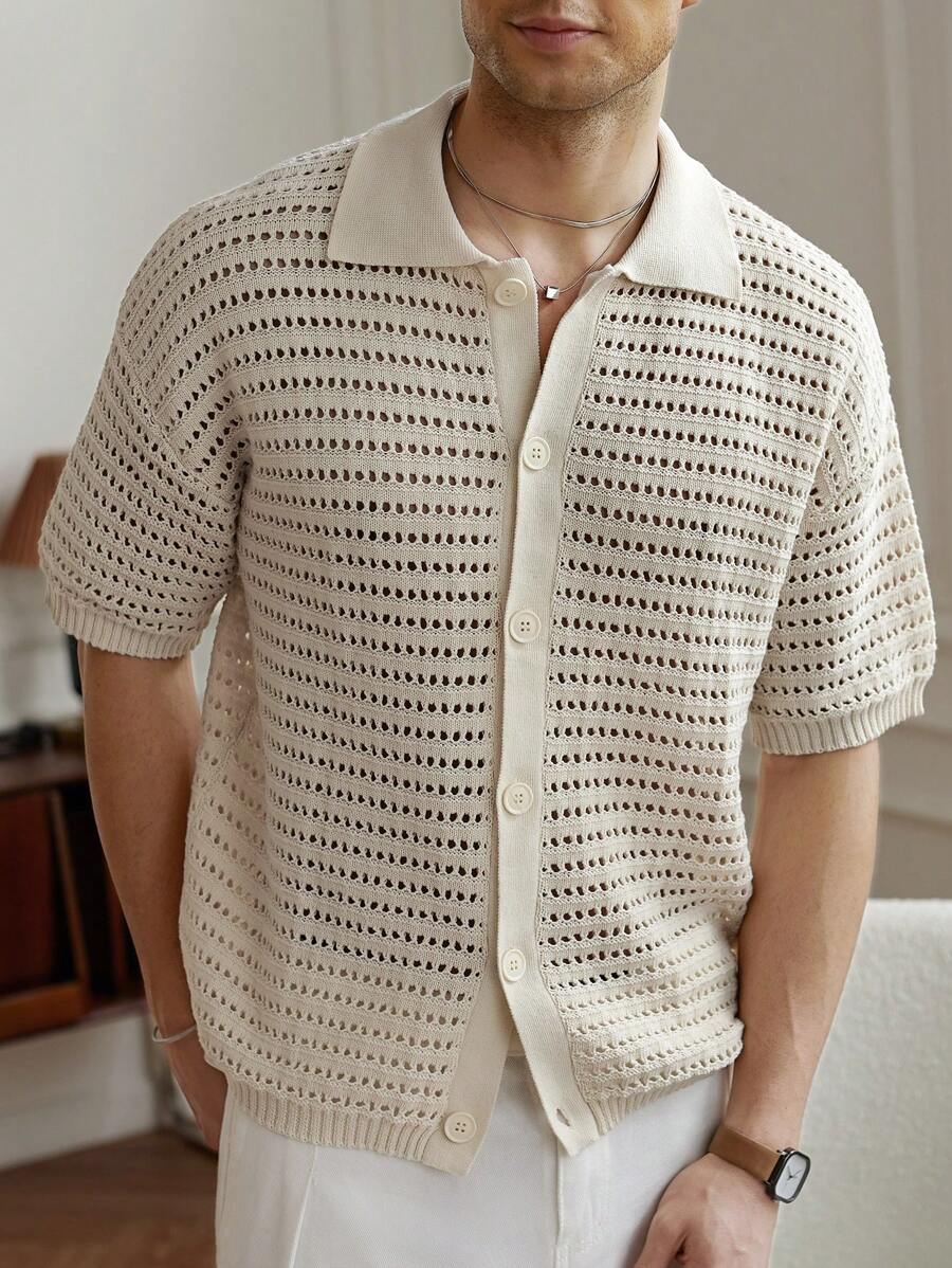 Manfinity Homme Men's Solid Color Front Button Short Sleeve Hollow Knitwear, Casual And Minimalist