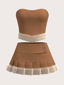 SHEIN ICON Women Y2k Vacation Outfits Vintage Plush Patchwork Crop Top And Draped Waist Mini Skirt Set, Fashion Style