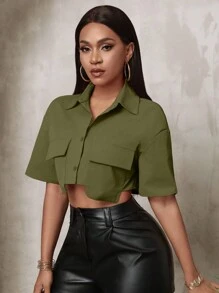 VaVaBold Women's Solid Color Button Front Short Sleeve Pocket Simple Casual Blouse - Army Green - View 3