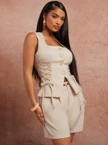 SHEIN SXY Spring/Summer Date Valentine's Day Elegant Holiday Light Khaki Woven Flax Square Collar Front Center Cardigan Sleeveless Suit Waistcoat With Cross Strap Waist Design On The Side In Fall/Winter - Apricot - View 3