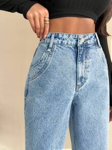 EURMUSE HIGH WAIST MEDIUM STRAIGHT LEG JEAN D-RING AND POCKET DETAILED - Light Wash - View 5