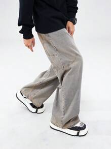 ROMWE MEN Street Life 男士简约前扣口袋休闲牛仔裤，适合日常穿着 - 薑色 - 查看 6