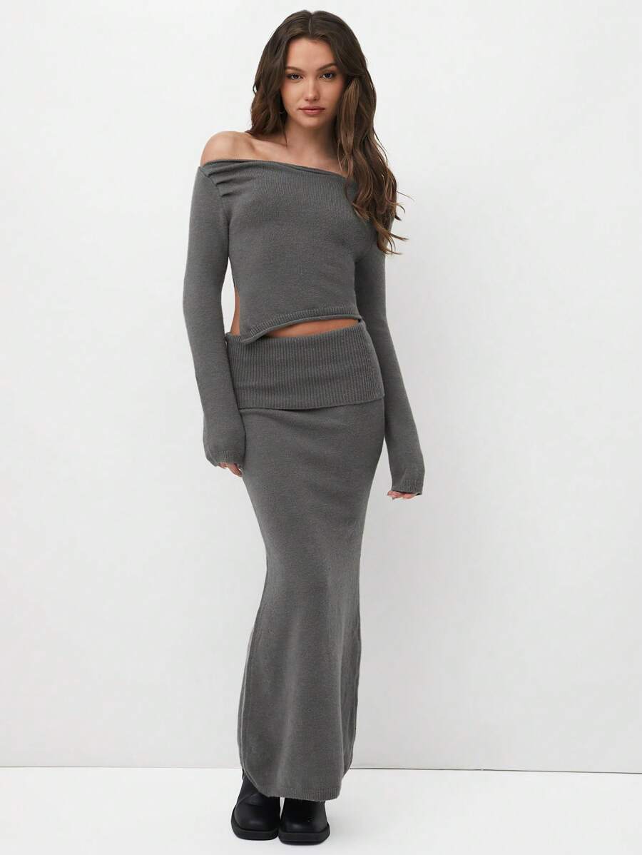 SHEIN Unity 2pcs/Set Sexy Off Shoulder Asymmetric Hem Sweater And Skirt ...