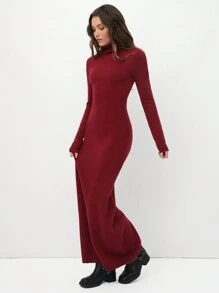 TRNVIE Women Solid Color Long Sleeve Minimalist Style Fitted Winter Sweater Dress Fall Cloth For Women - Red - View 4