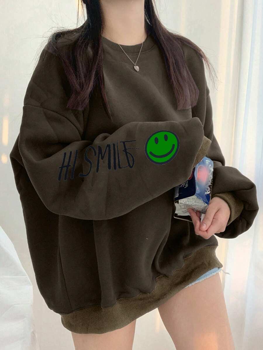 DAZY 女士印花袖圆领超宽松抓绒卫衣,秋季女装,冬季 - 棕色 - 查看 1