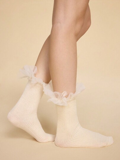 Kawaii زوج من الجوارب متوسطة الطول للنساء باللون المشمش الشبكي مزين بشرائط من الدانتيل ، مناسب لجميع المواسم