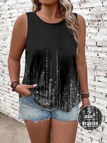 EMERY ROSE Camiseta de punto de cuello redondo impresa con decoración de pedrería para mujer de talla grande de verano - Negro - Ver 6