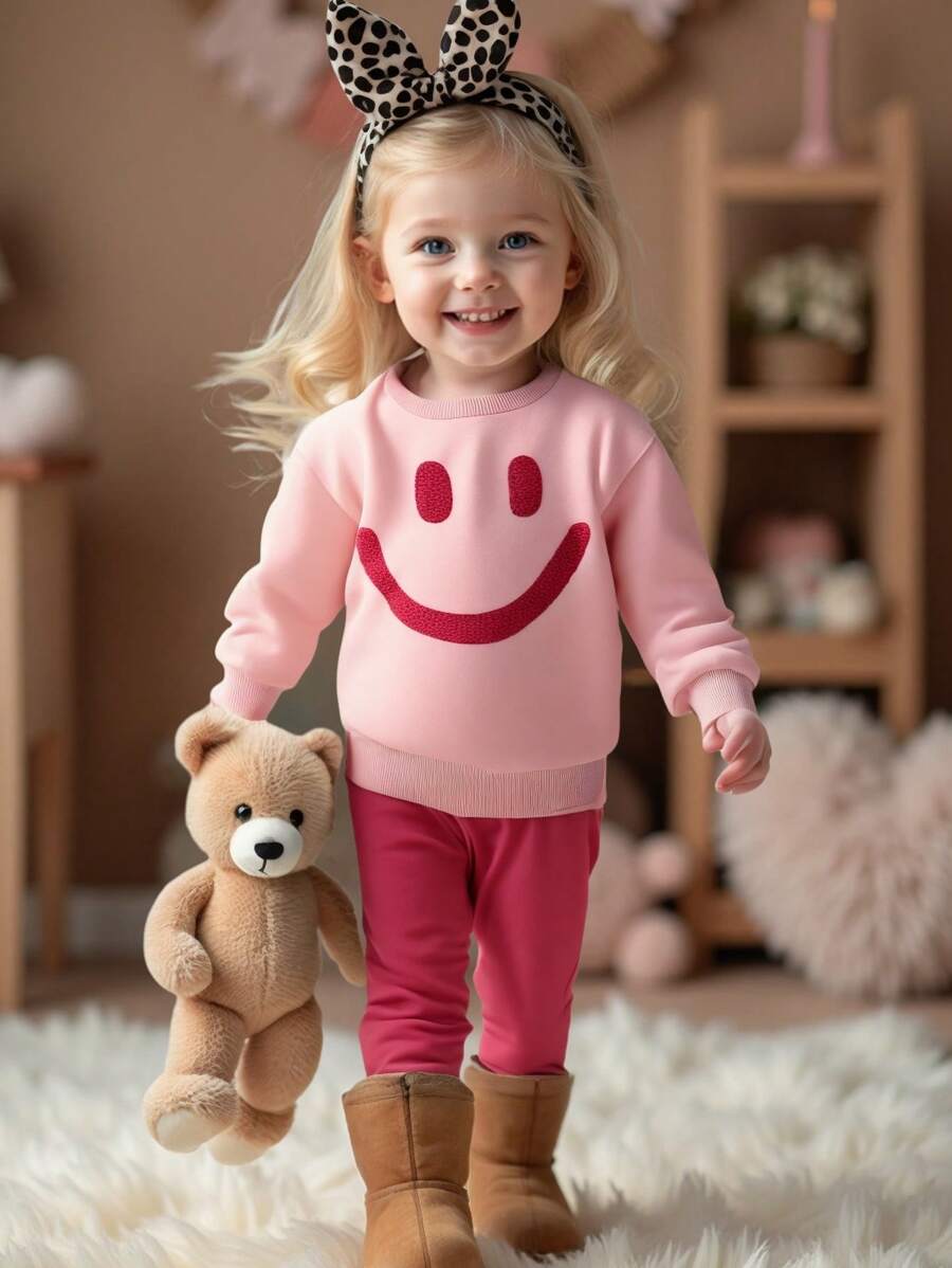 SHEIN 2pcs Young Girl Smiling Face Knitted Loose Fit Crew Neck Pullover And Knitted Pants Set - Pink - View 1