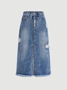 SHEIN Tween Girls' Y2K Spring Summer Boho Ripped Distressed Slit Hem Denim Skirt Tween Girl Shirts - Dark Wash - View 1