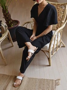 DAZY 女式 V 领收腰连体裤，休闲时尚，适合日常穿着 女式连体裤 - 黑色 - 查看 8