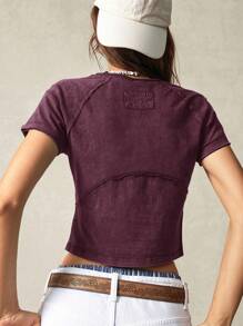 Bohemela Vacation Plain Knitted Structured Design Raglan Short Sleeve Regular Fit Women T-Shirt - Purple - View 6