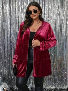 SHEIN LUNE Abrigo con capucha, cierre de cremallera, dobladillo con volantes y manga larga de unicolor para mujeres talla grande, nuevo para Acción de Gracias y Año Nuevo - Negro - Ver 5