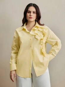 Anewsta Oversized Yellow Casual Floral Embroidery Long Sleeve Shirt, Urban Chic - Yellow - View 6