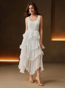 Anewsta Women Spring Festival Patchwork Mid-Calf Sleeveless Fashion Holiday Solid Color Dress - Apricot - View 4