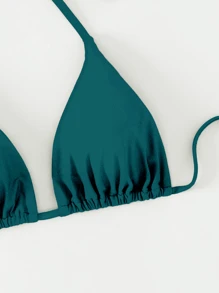 SHEIN Swim Women's Solid Color Halter Neck Tie Back Bikini Top Summer - Blue - View 3