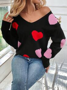 SHEIN LUNE 2025 Spring New Valentine's Day Heart Pattern V-Neck Sweater For Women Heart Sweater Valentine's Day Heart Sweater In Fall/Winter - Red - View 1