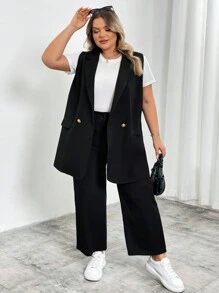 SHEIN CURVE+ Blazer con colletto a bavero e doppio bottone, taglia comoda, adatto per abbigliamento da lavoro, laurea, ritorno a scuola, outfit per insegnanti in autunno/inverno