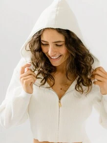 Aralina Active Puff Sleeve Ribbed Knit Zip Hoodie Drawstring Pants Set - White - View 6