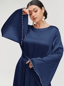 Al Najma Women's Elegant Solid Color Flare Sleeve Long Dress, Spring/Summer, Modest Elegant A Line Arabian Dresses, For Evening Party/Wedding Guest/Anniversary/Daily Wear - Navy Blue - View 4
