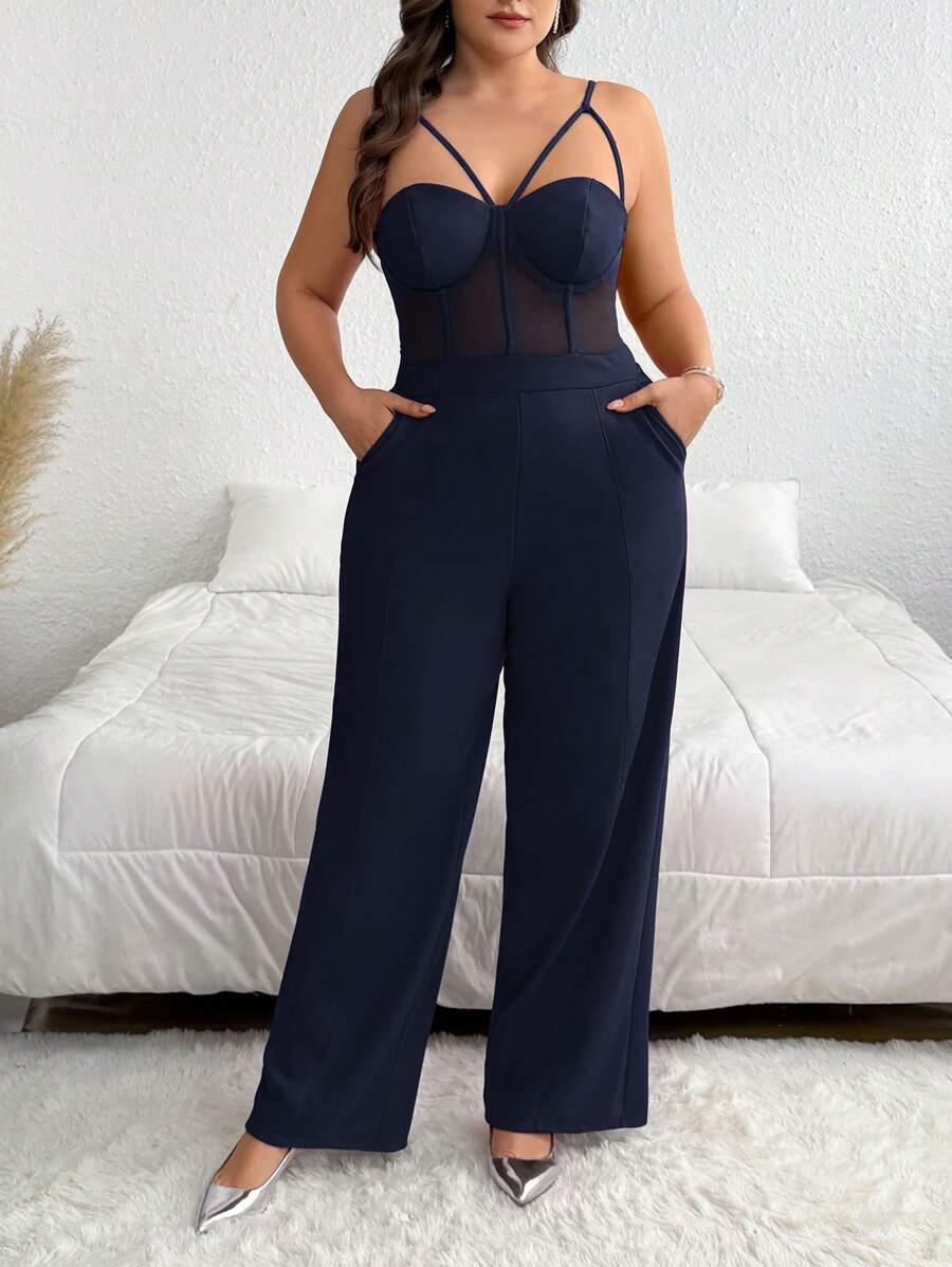 SHEIN Privé 1 件女式加大码纯色网眼拼接宽腿优雅细肩带连体裤 - 藏蓝色 - 查看 1