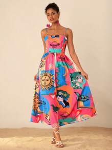 Travachic 女士度假图案无袖防晒脸印花连衣裙 - 粉色 - 查看 1