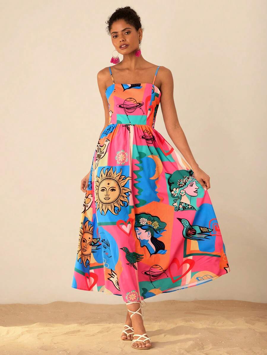 Travachic 女士度假图案无袖防晒脸印花连衣裙 - 粉色 - 查看 1