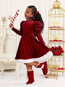 SHEIN Tween Girls' Elegant Christmas Party Dress, Balloon Sleeve, Waist Cinched, Fluffy Skirt, Burgundy Velour - Burgundy - View 5