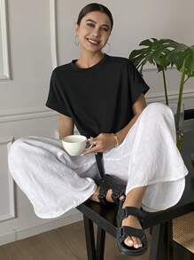 DAZY Women's Solid Color Round Neck Short Sleeve Casual Top, For Daily Wear,Crop Tops Women - Black - View 6