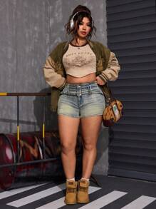 SHEIN ICON 夏季大码女式休闲牛仔裤，采用孔眼扣设计 - 藍色 - 查看 4