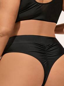 Swim Vcay Summer Beach Plus Ruched Bikini Thong - Black - View 4