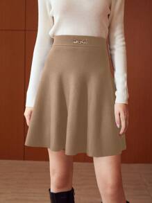 MOTF PREMIUM METAL CHAIN DETAIL FLARED SWEATER SKIRT - Brown - View 4