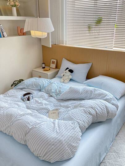 3pcs Nordic Style Striped Down Comforter Set, 2 Pillowcases + 1 Duvet Cover (No Bedsheet)