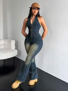 SHEIN ICON Mono de mezclilla casual con cierre de cremallera frontal, cuello halter y campana para mujer - Azul lavado medio - Ver 6
