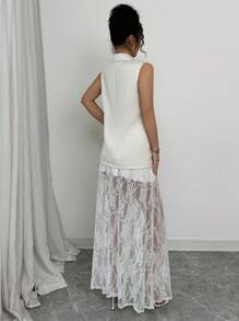 Chiquease 2pcs Set: Casual Open Front Jacket & Lace Skirt - White - View 2