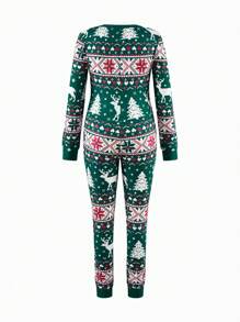 SHEIN Maternity Front Button Long Sleeve Simple Christmas Print Jumpsuit - Green - View 2