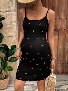 SHEIN Váy bầu ôm vừa vặn họa tiết trái tim không tay ngày lễ tình nhân - màu đen - Xem 3