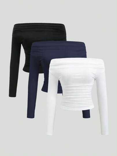 Sweetra Blusa holgada casual de unicolor con hombros descubiertos y manga larga, adecuada para vacaciones