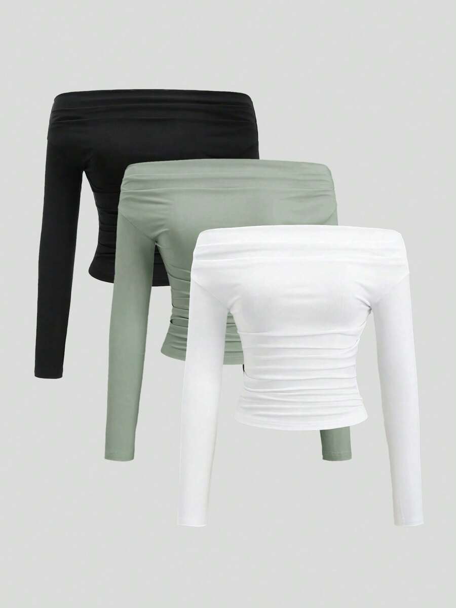 Sweetra All-Match Versatile 3-Piece Set: Open Shoulder Long Sleeve Top, Slim Fit Cropped Top, Comfortable & Skin-Friendly, Figure-Flattering - Multicolor - View 1