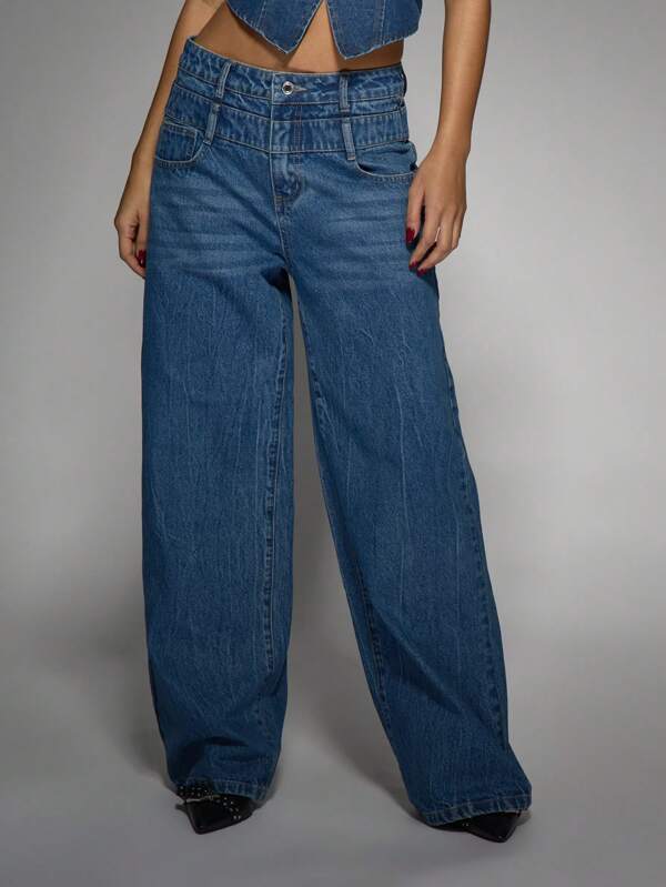 MISSGUIDED Double WaistbAnd Wide Leg Jeans Y2K Style Baggy Denim Pants Streetwear Fashion Loose Fit Casual High Rise 90s Vintage Aesthetic