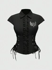 ROMWE Grunge Punk Áo sơ mi dài tay bó sát họa tiết xương đen Y2K của nền văn hóa Punk dành cho nữ - màu đen - Xem 1