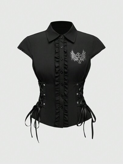 Grunge Punk Punk Subculture Y2K Black Skeleton Sequin Decor Tight-Fitting Long Sleeve Shirt For Women