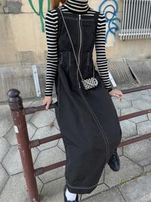 FRIFUL Women's Plain Zip Collar Casual Mid-Length Overall Dress