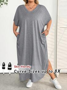 SHEIN CURVE+ 大码女式春夏时尚休闲通勤口袋设计侧开衩连衣裙 - 灰色 - 查看 1