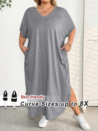 SHEIN CURVE+ Plus Size Kvinnor Vår- och sommarmode Casual Commute Pocket Design Side Slit Dress