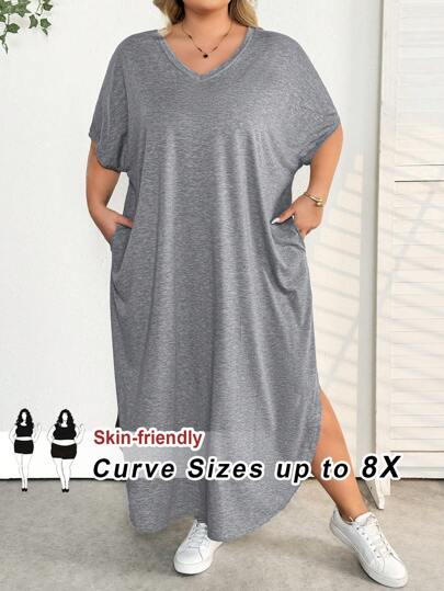 SHEIN CURVE+ Plus Size Women Spring & Summer Fashion Casual Commute Pocket Design Side Slit Dress