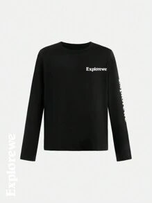 SHEIN Tween Boy 纯黑色长袖休闲简约 T 恤，日常穿着 - 黑色 - 查看 3