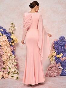 SHEIN Belle Elegant And Romantic Pink Round Neck, Long Sleeves, Ruffle Pleats, Asymmetric Side Floating Fishtail Hem, Knitted Elastic Fabric, Birthday Party, Wedding Dinner, Bridesmaid Dress - Pink - View 4